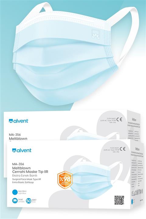 ALVENT Yumuşak Kulaklı Meltblown Maske 100 Adet ( En Az %98 Koruma - Sertifikalı ) - Bebek Mavisi