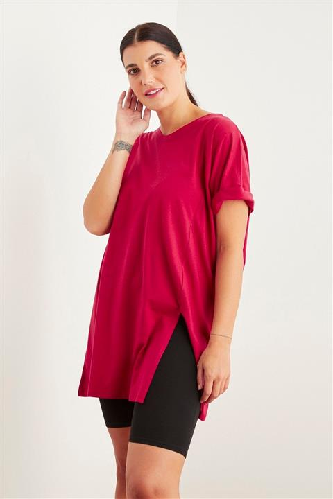 Curly Bordo Yanı Yırtmaçlı Uzun T-shırt