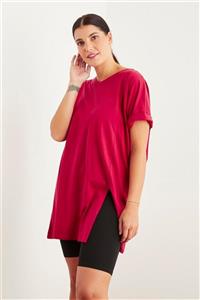 Curly Bordo Yanı Yırtmaçlı Uzun T-shırt