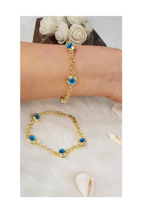 TAKI TRENDİ 22 Ayar Altın Kaplama Nazar Boncuklu Halka Zincirli Bileklik