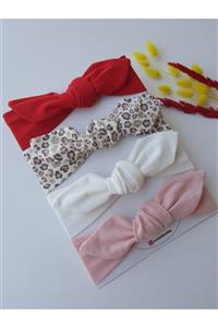 swan butik Kız Bebek Bandana Toka Seti 4'lü Kırmızı, Pudra Pembe, Leopar, Beyaz