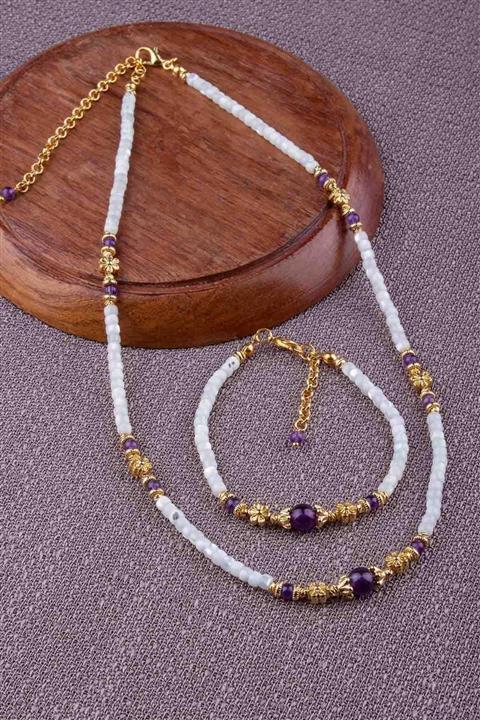 Dünya Doğal Taş Sedef Ve Ametist Taşlı Doğal Taş Kolye Bileklik Seti