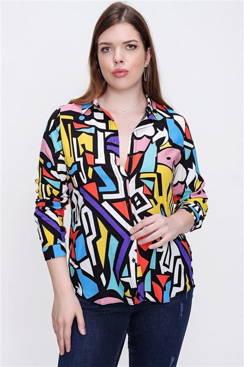 By Saygı Kadın Siyah Mix Grafik Desenli Büyük Beden Gömlek