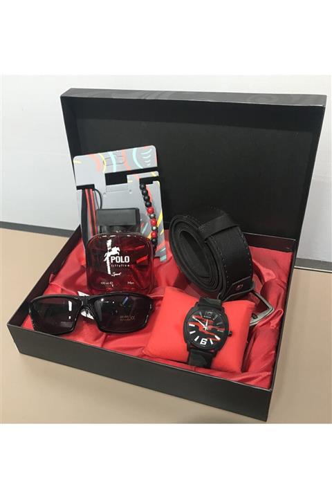 Polo55 Erkek Siyah Saat Gözlük Parfüm Kemer Bileklik Set