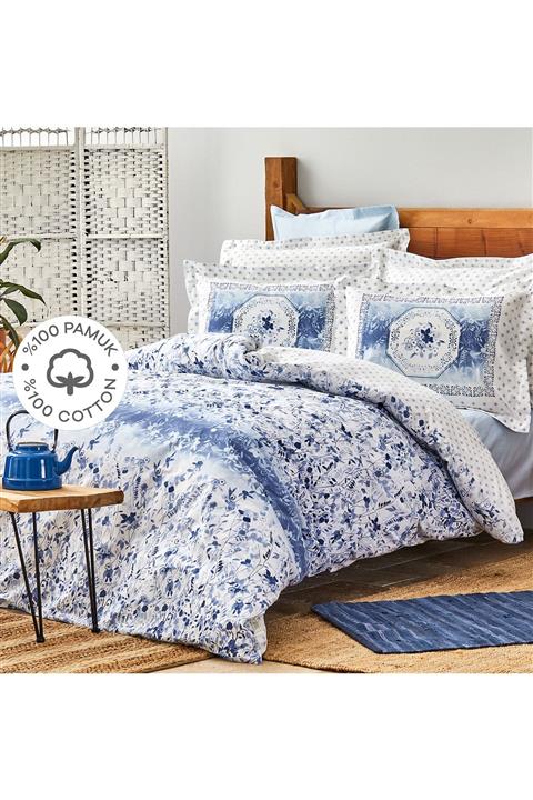 Karaca Home Amelia Mavi %100 Pamuk Çift Kişilik Fitted Çarşaflı Nevresim Takımı
