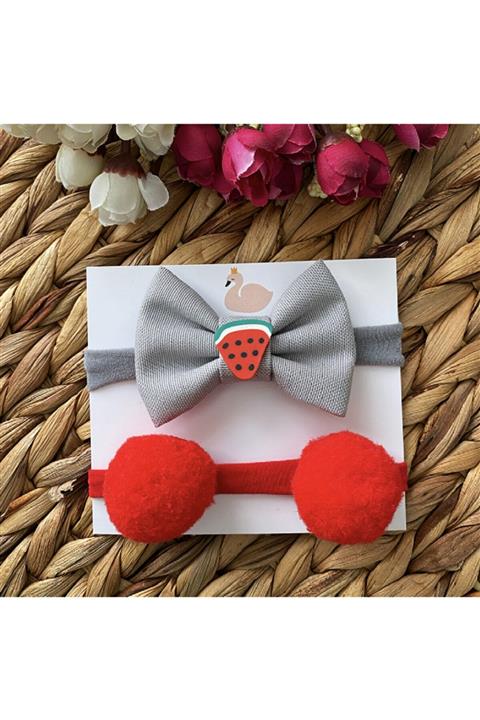Baby Minnak Kız Bebek Çocuk 2'li Karpuzlu Gri Fiyonk Kırmızı Ponpon Bandana Toka Seti