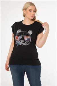 1fazlası Kadın Büyük Beden Siyah Baskılı T-shirt