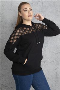 Şans Kadın Siyah Tül Ve Payet Detraylı Kanguru Cepli Sweatshirt 65N18834