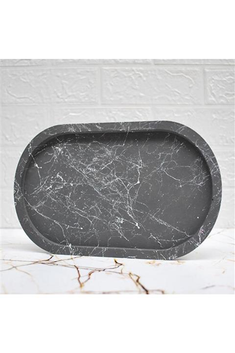 MUDİTA Siyah Mermer Efekt Beton Döküm Oval Sunum Tabağı Veya Mum Tabağı 24x15 Cm