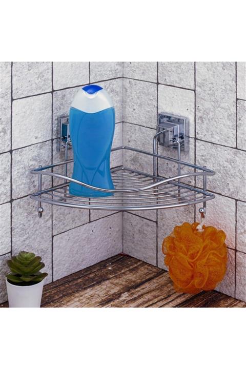 Evistro Easyfix Yapışkanlı Banyo Rafı Şampuanlık Kancalı Köşe Rafı Krom