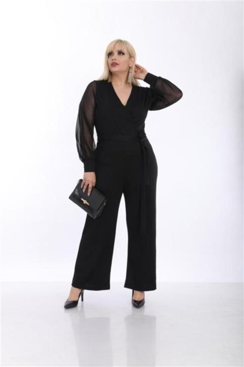 MJORA Kadın Siyah Kruvaze Yaka Tül Kol Tulum