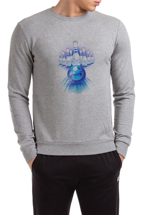 Collage Bowling Topu Baskılı Gri Erkek Örme Sweatshirt Uzun Kol
