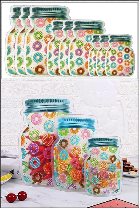 morponi 9 Adet 3 Boy Kavanoz Görünümlü Kilitli Donutlu Saklama Poşeti / 150ml - 500ml - 620ml