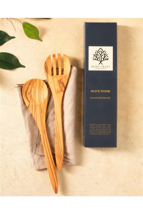 Demy Craft Zeytin Ağacı 30 Cm. Salata Servis Seti, Tahta Kaşık Ve Çatal El Yapımı