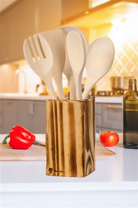 Öz ahsap 6 Parça 30 cm Ahşap Mutfak Seti El Yapımı Kutulu Tahta Kaşık Kepçe Çatal Spatula Pilav Kaşığı
