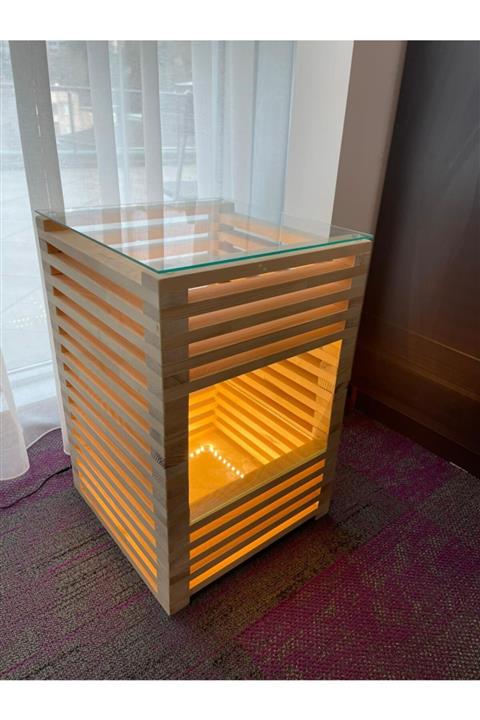 Pronto Reklam Masif Ahşap 2 Camlı Ve Led Işıklı Raflı Ofis Sehpası 40x40x60 cm