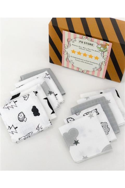 FG Store Çift Katlı 10'lu %100 Pamuk Muslin Kumaş Bebek Ağız Mendili (24x24 Cm)