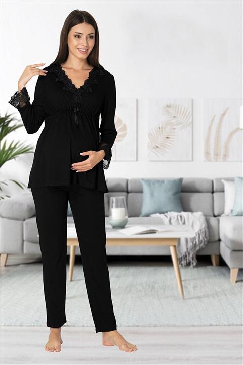 Effortt Siyah Yakası Dantelli Lohusa Pijama Takımı - 8092