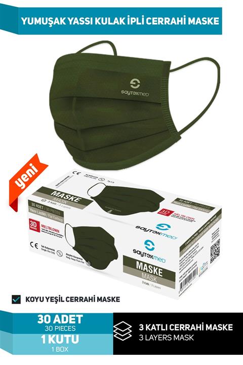 SAYTEKMED 30 Adet Meltblown Filtreli, Yassı Ipli, Koyu Yeşil Cerrahi Maske