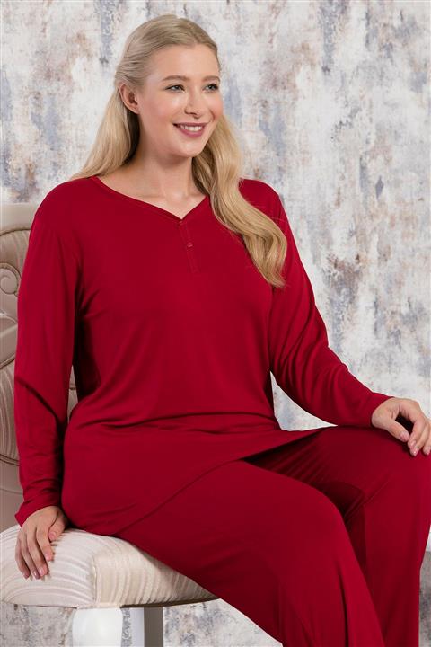 STYLE SENFONİ Viskon V Yaka Battal Uzun Kol Licralı Pijama