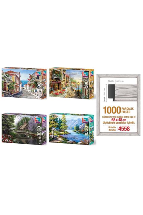 Puzzle Yappuz Göl Kıyısı Çiçekli Sokak Orman Evi Yemeğe Davet 1000 Parça 4 Adet + 1000 Lik Çerçeve