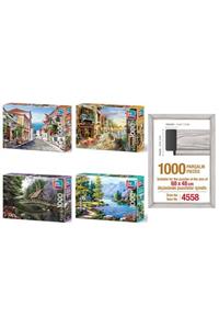 Puzzle Yappuz Göl Kıyısı Çiçekli Sokak Orman Evi Yemeğe Davet 1000 Parça 4 Adet + 1000 Lik Çerçeve