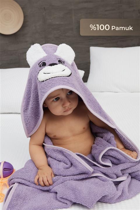 Mislina Figürlü Kapşonlu Bebek Kundak Banyo Havlusu - Lila