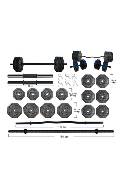 TAN SPOR Tanspor 80 Kg Düz Bar ( 150 Cm ) Z Bar ( 120 Cm ) Dambıl Halter Full Set Mavi Kapaklı