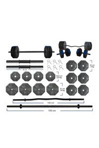 TAN SPOR Tanspor 80 Kg Düz Bar ( 150 Cm ) Z Bar ( 120 Cm ) Dambıl Halter Full Set Mavi Kapaklı