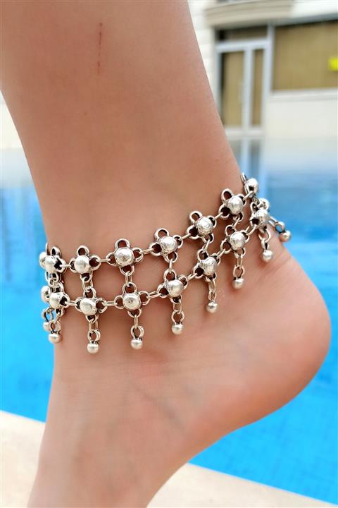 Fildişi Aksesuar Antik Gümüş Kaplama Çift Sıra Kalın Boncuk Şekilli El Yapımı Kadın Halhal