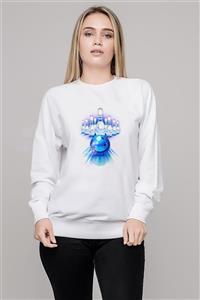 QIVI Kadın Beyaz Uzun Kol Bowling Topu Baskılı Örme Sweatshirt