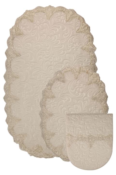 Bonny Home Peluş Lux Oval Krem 3'lü Dantelli Klozet Takımı Çeyizlik Banyo Halısı Paspası Seti
