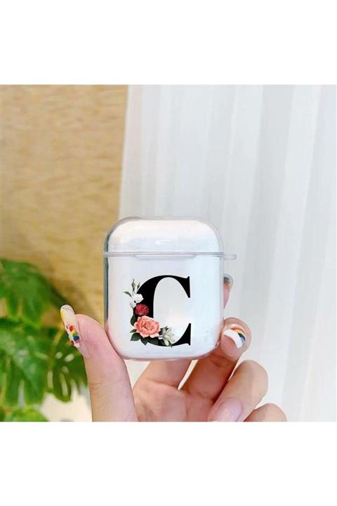 mooodcase Premium Silikonlu Çiçek Desenli Siyah C Harfi Şeffaf Airpods Kılıfı