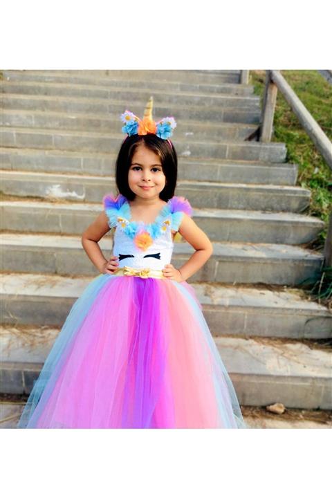 Patiska Nostalji Unicorn Elbisesi Tarlatanlı Kabarık Model