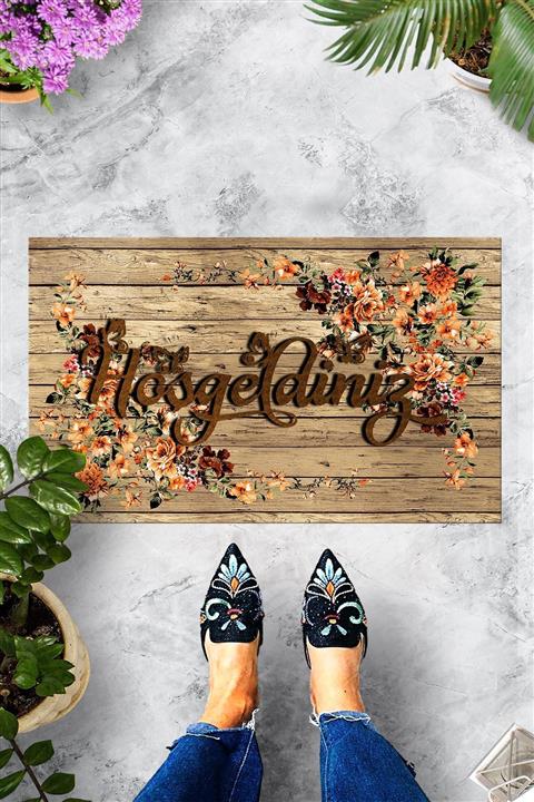 Evsebu Hoşgeldiniz Ahşap Turuncu Çicek Dekoratif Kapı Önü Paspası