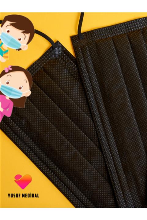 YUSUF MEDİCAL Cerrahi Siyah Çocuk Maskesi Meltblown 50 Adet