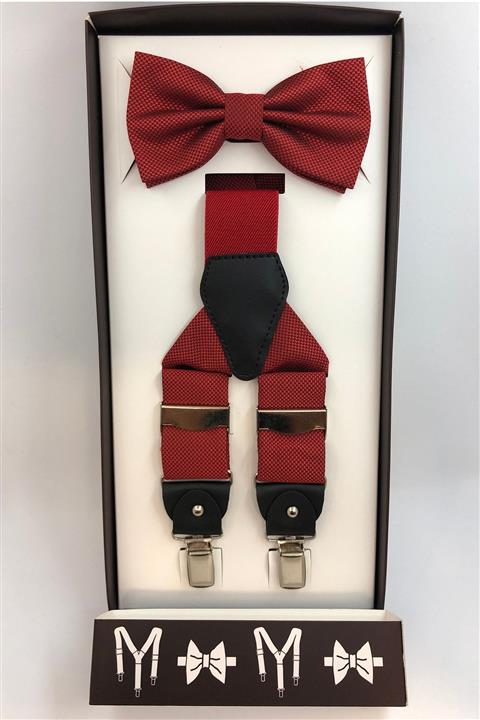 Quesste Accessory Quesste Armürlü Kırmızı Metal Klipsli Pantolon Askısı Ve Papyon Set