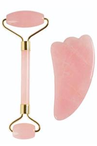 İLTERUS Pembe Kuvars Face Roller Ve Pembe Kuvars Melek Kanadı Gua Sha Yüz Masaj Taşı