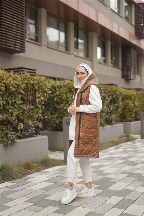 BURCU TESETTÜR Kapüşonlu Uzun Şişme Yelek Brc5039 Taba