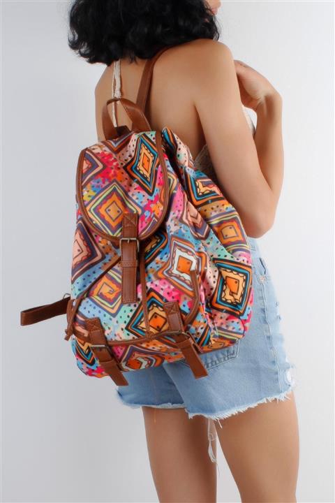 MadameConcept Çok Renkli Geometrik Desenli Tek Kopçalı Kumaş Kadın Sırt Çantası