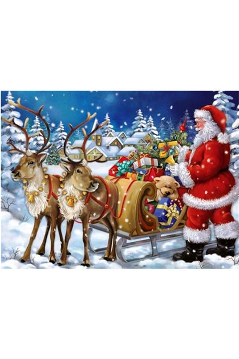 MOVAS Sanat Noel Baba Geyik Ve Hediyeleri Elmas Mozaik Tablo / Boncuk Işleme 50x35cm E20202279m