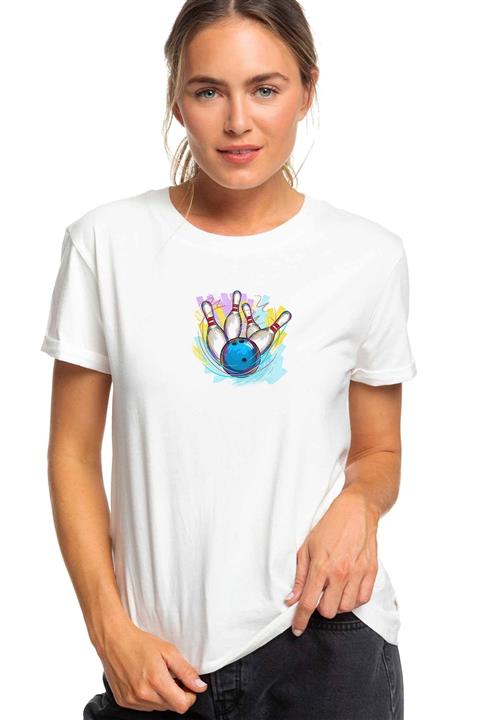 QIVI Kadın Beyaz Bowling Topu Baskılı Örme Tshirt