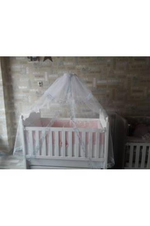 PrestijMagaza Mavi Lüks Güpürlü Bebek Beşik Cibinlik Tül Ve Monte Aparatı