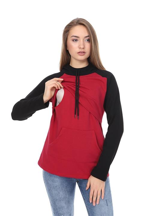 Luvmabelly Kadın Bordo Parçalı Kapüşonlu ve Cepli Emzirme Sweatshirt