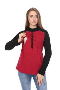 Luvmabelly Kadın Bordo Parçalı Kapüşonlu ve Cepli Emzirme Sweatshirt