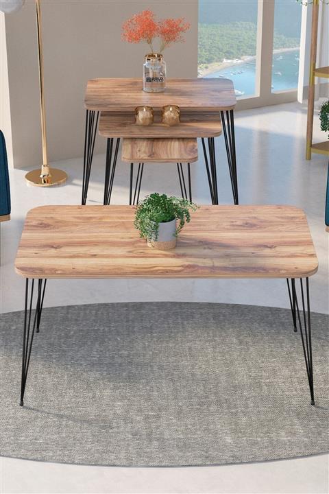 GOLDFALEZ Zigon Sehpa Kr Ve Orta Sehpa Kr Set Siyah Ayak Ceviz Tel