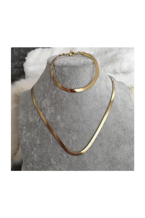 XLady Accessories Kadın Altın Kaplama İtalyan Ezme Zincir Kolye Bileklik Takı Seti Zincir Boyu 60 cm