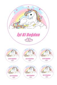 Pasta9 Yenilebilir Pasta Resmi Unicorn Pirinç Kağıdından 6-8-10 Kişilik Pastaya Uygun 16 cm