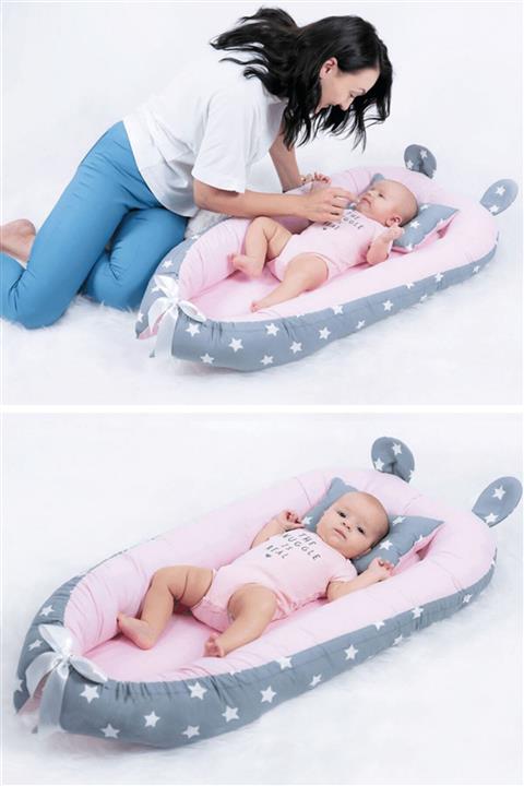 Babynest Yatak Ve Ortopedik Yastık Gri Yıldız Ve Pembe