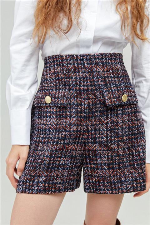 rue. Lacivert Kareli Tüvit Şort